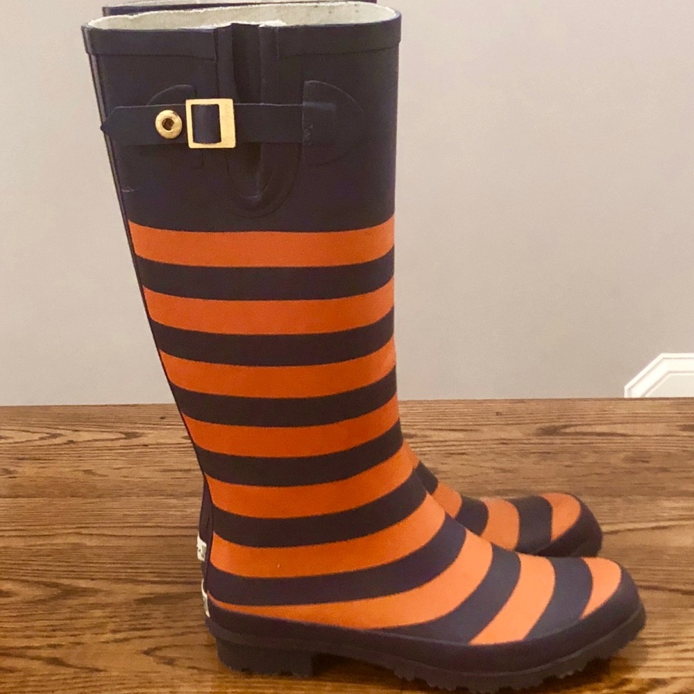 Orange and navy striped rain boots